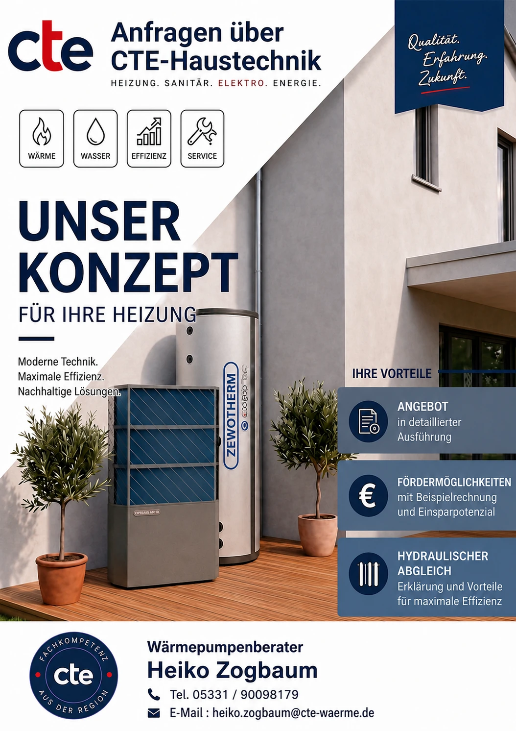 CTE-Konzept-Flyer „Unser Konzept für Ihre Heizung“ mit Zewotherm-Wärmepumpe